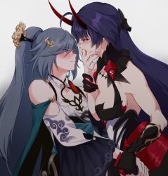 Rule 34 | 2girls, ahoge, black gloves, blue eyes, blue hair, blush, breasts, cleavage, detached sleeves, eye contact, eyes visible through hair, finger in another&#039;s mouth, fu hua, fu hua (azure empyrea), gloves, grey background, hair ornament, holding hands, honkai (series), honkai impact 3rd, horns, long hair, looking at another, medium breasts, multiple girls, negom, ponytail, purple hair, raiden mei, raiden mei (herrscher of thunder), red eyes, red horns, saliva, simple background, tongue, tongue out, yuri