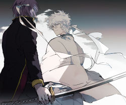 Rule 34 | 2boys, 76piccolo, coat, from behind, gintama, hachimaki, headband, highres, holding, holding sword, holding weapon, looking at another, male focus, military, military uniform, multiple boys, purple hair, sakata gintoki, smile, sword, takasugi shinsuke, uniform, weapon, white hair, wide sleeves