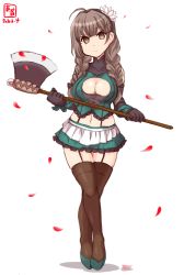 Rule 34 | 1girl, artist logo, axe, black gloves, braid, breasts, brown eyes, brown hair, brown thighhighs, cleavage, cleavage cutout, clothing cutout, commentary request, cosplay, dated, flower, flower knight girl, frilled skirt, frills, garter straps, gloves, green skirt, hair flower, hair ornament, highres, kanon (kurogane knights), kantai collection, large breasts, long hair, look-alike, looking at viewer, midriff, navel, ooonibasu (flower knight girl), ooonibasu (flower knight girl) (cosplay), pleated skirt, shinshuu maru (kancolle), simple background, skirt, solo, thighhighs, twin braids, white background