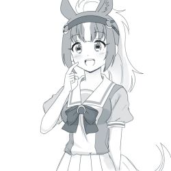 Rule 34 | 10s, 1girl, alternate costume, animal ears, bad id, bad twitter id, blush, check commentary, chestnut thoroughbred (kemono friends), commentary, commentary request, crossover, greyscale, headgear, horse ears, horse girl, horse tail, kemono friends, light brown hair, long hair, monochrome, multicolored hair, neckerchief, pleated skirt, ponytail, puffy short sleeves, puffy sleeves, school uniform, serafuku, short sleeves, skirt, solo, tail, totokichi, white hair