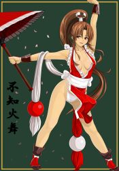 Rule 34 | 1girl, arm up, armpits, basuchian, breasts, brown eyes, brown hair, character name, cleavage, collarbone, hand fan, fatal fury, highres, knees, large breasts, legs, lingerie, ninja, nipples, open mouth, panties, pixiv sample, ponytail, resized, shiranui mai, smile, snk, solo, the king of fighters, tongue, umbrella, underwear, white panties