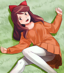 Rule 34 | 1girl, blush, bow, brown dress, brown eyes, brown hair, character request, dress, female focus, grass, hair bow, hair ornament, haruyama kazunori, kurihaw, long hair, long sleeves, lying, nippon animation, on back, on side, open mouth, outdoors, outstretched arms, rascal the raccoon, red bow, shadow, smile, solo, teeth, tongue, upskirt