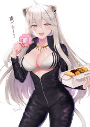 Rule 34 | 1girl, a (phrase), animal ears, bodysuit, bra, breasts, doughnut, food, grey eyes, highres, hololive, large breasts, looking at viewer, naomi (fantasia), open bodysuit, open clothes, shishiro botan, smile, uncensored, underwear, unzipped, virtual youtuber, white hair