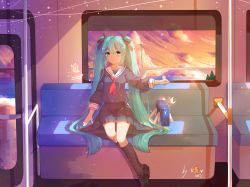 Rule 34 | 1girl, absurdres, aqua hair, bag, black footwear, blue eyes, blue shirt, blue skirt, bridge, bug, butterfly, chinese commentary, cloud, cloudy sky, collar, commentary request, dress, full body, glowing butterfly, hair ribbon, hatsune miku, highres, insect, kneehighs, long sleeves, looking at viewer, neckerchief, pleated dress, red neckerchief, ribbon, river, sailor collar, school uniform, serafuku, shirt, shoes, short hair, sitting, skirt, sky, smile, socks, solo, spring onion, spring onion print, stuko, train, train interior, twilight, twintails, very short hair, vocaloid, white collar