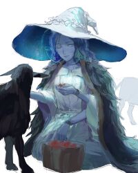 Rule 34 | 1girl, blue eyes, blue hat, blue skin, cloak, closed mouth, colored skin, cracked skin, dress, elden ring, extra arms, extra faces, feeding animal, food, fur cloak, hat, highres, holding, holding food, keibleh, kneeling, ranni the witch, sheep, simple background, sketch, smile, solo, two-sided fabric, two-sided headwear, white background, white dress, white hat