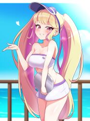 Rule 34 | 1girl, absurdres, bare arms, bare shoulders, big hair, blonde hair, blue sky, blurry, blurry background, blush, breasts, cleavage, cloud, cowboy shot, day, eyelashes, from side, grin, hand up, heart, highres, himeme (waccha primagi!), holding, holding tray, horizon, large breasts, leaning forward, long hair, looking at viewer, midriff, miniskirt, mujin (mujinzairaisen), multicolored hair, ocean, outdoors, pink eyes, pink hair, pretty series, railing, skirt, sky, smile, solo, standing, strapless, streaked hair, sunlight, swept bangs, teeth, tray, tube top, twintails, two-tone hair, very long hair, visor cap, waccha primagi!, water, white skirt, white tube top