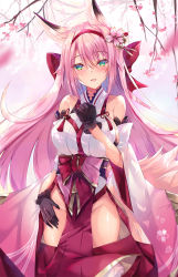 Rule 34 | 1girl, aged up, alternate breast size, animal ears, arm up, azur lane, bare shoulders, black gloves, blush, breasts, cherry blossoms, flower, fox ears, fox girl, fox tail, gloves, gradient background, green eyes, hair between eyes, hair flower, hair ornament, hairband, hanazuki (azur lane), hip vent, holding, inoue takuya (tactactak), japanese clothes, kimono, long hair, long sleeves, looking at viewer, no panties, open mouth, petals, pink flower, pink hair, smile, solo, tail, tree, umbrella, white kimono, wide sleeves