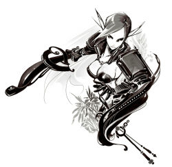 Rule 34 | 1girl, breasts, cleavage, elf, female focus, greyscale, large breasts, monochrome, original, pointy ears, solo, sword, tomoyuki kotani, weapon, white background