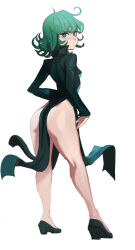 Rule 34 | 1girl, absurdres, ass, breasts, commentary, curly hair, dress, english commentary, flipped hair, floating clothes, full body, green dress, green eyes, green hair, high heels, highres, medium hair, one-punch man, sho-n-d, side slit, simple background, small breasts, solo, standing, tatsumaki, white background