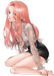 Rule 34 | 1girl, aqua eyes, barefoot, blue eyes, breasts, floral print, full body, highres, kasai nao, long hair, long sleeves, looking at viewer, looking to the side, medium breasts, original, parted lips, pencil skirt, red hair, see-through, see-through shirt, signature, simple background, sitting, skirt, solo, tank top, wariza, white background
