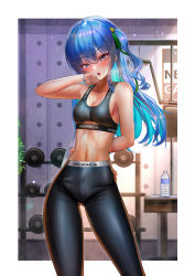 Rule 34 | 1girl, absurdres, arm behind back, armpits, blue hair, blush, bottle, breasts, breath, commentary, earrings, exercise machine, flat chest, green ribbon, grey eyes, gym, hair ornament, hair ribbon, highres, holding, holding towel, hololive, hoshimachi suisei, indoors, jagoo, jewelry, looking at viewer, multicolored hair, open mouth, pants, plant, ribbon, side ponytail, small breasts, sports bra, sportswear, star (symbol), star hair ornament, stomach, sweat, towel, two-tone hair, virtual youtuber, water bottle, weights, wiping face, wiping sweat
