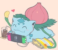 Rule 34 | ^ ^, bag of chips, blush, chips (food), claws, closed eyes, closed mouth, cola, commentary, creatures (company), cup, drinking glass, drinking straw, earphones, eating, food, full body, game freak, gen 1 pokemon, happy, heart, holding, ivysaur, lying, nintendo, nintendo switch, no humans, on stomach, pink background, playing games, pokemon, pokemon (creature), simple background, super smash bros., yasaikakiage