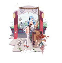 Rule 34 | 1girl, absurdres, animal ears, backless outfit, blue hair, closed mouth, creature, detached sleeves, fur trim, highres, japanese clothes, lantern, leaning forward, long hair, looking at viewer, original, panties, paper lantern, pink eyes, rope, sandals, side-tie panties, side slit, smile, solo, standing, statue, ta03545, tail, thighhighs, tiger ears, tiger girl, tiger tail, torii, underwear, white thighhighs, wide sleeves, wooden lantern, zouri
