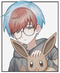 Rule 34 | 1girl, blue hair, border, closed mouth, commentary, creatures (company), eevee, game freak, gen 1 pokemon, glasses, grey eyes, hand on another&#039;s head, hood, hood down, hoodie, multicolored hair, nintendo, penny (pokemon), pokemon, pokemon (creature), pokemon sv, red hair, reguris, round eyewear, short hair, two-tone hair, upper body, white background, white border