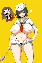 Rule 34 | 2girls, areola slip, belly, black hair, black panties, breasts, breasts apart, cape, chibi, chibi inset, closed mouth, collared shirt, commentary request, covered erect nipples, cross-laced clothes, flying, gradient hair, green eyes, green sailor collar, hat, hijiri byakuren, holding, holding ladle, huge breasts, ladle, looking at viewer, multicolored hair, multiple girls, murasa minamitsu, musical note, navel, neckerchief, open fly, open mouth, panties, panties under shorts, plump, red neckerchief, sailor collar, sailor hat, shiny skin, shirt, short hair, short shorts, short sleeves, shorts, spoken musical note, standing, stomach, tannkobuiwa, teeth, tongue, tongue out, touhou, underboob, undersized clothes, underwear, upper teeth only, white headwear, white shirt, white shorts, wide-eyed, yellow background