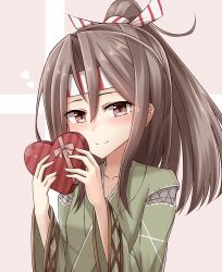 Rule 34 | 10s, 1girl, blush, box, brown eyes, candy, chocolate, chocolate heart, food, hachimaki, headband, heart, heart-shaped box, high ponytail, japanese clothes, kantai collection, light brown hair, looking at viewer, remodel (kantai collection), smile, solo, upper body, valentine, yakob labo, zuihou (kancolle)