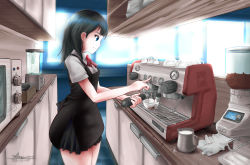 Rule 34 | 10s, 18, 1girl, anomonny, apron, artist name, black apron, black hair, black skirt, blender (object), blue eyes, cafe, coffee, coffee beans, coffee cup, coffee grinder, coffee machine, coffee maker, counter, countertop, cowboy shot, cup, dated, disposable cup, gridman universe, highres, indoors, legs together, medium hair, microwave, milk, miniskirt, oven, pleated skirt, red neckwear, shirt, short sleeves, skirt, smile, solo, ssss.gridman, standing, takarada rikka, white shirt, window