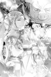 Rule 34 | 1girl, braid, bunbun, cape, closed mouth, crying, closed eyes, greyscale, hands on hilt, highres, long sleeves, monochrome, multiple boys, novel illustration, official art, orc, smile, standing, sword, sword art online, weapon
