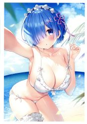 Rule 34 | 1girl, absurdres, armpits, ayamy, bare shoulders, beach, bikini, blue eyes, blue hair, blue sky, blush, breasts, cleavage, cloud, cloudy sky, collarbone, day, fingernails, frills, hair ornament, highres, large breasts, looking at viewer, navel, ocean, open mouth, outdoors, parted lips, pulling own clothes, re:zero kara hajimeru isekai seikatsu, rem (re:zero), scan, short hair, simple background, sky, solo, stomach, swimsuit, thigh strap, thighs, water, white bikini, x hair ornament