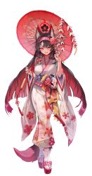 Rule 34 | 1girl, animal ear fluff, animal ears, black hair, blue archive, blush, breasts, colored inner hair, fingernails, fox ears, fox tail, full body, halo, highres, holding, holding umbrella, japanese clothes, kimono, large breasts, long hair, long sleeves, multicolored hair, nail polish, oil-paper umbrella, okobo, open mouth, platform clogs, red hair, red halo, red nails, sandals, simple background, smile, socks, solo, tabi, tail, umbrella, wakamo (blue archive), white background, white kimono, white socks, wide sleeves, yellow eyes, zerocat