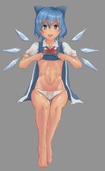 Rule 34 | 1girl, :d, abs, bad id, bad pixiv id, bare legs, barefoot, blue dress, blue eyes, blue hair, bow, cirno, clothes lift, dress, dress lift, eyebrows, grey background, hair between eyes, hair bow, hands up, highres, holding, ice, ice wings, knees, legs, lifting own clothes, looking at viewer, open mouth, panties, ppp225, puffy short sleeves, puffy sleeves, shiny skin, short sleeves, simple background, sitting, smile, solo, tan, toes, toned, touhou, underwear, white panties, wing collar, wings