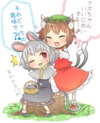 Rule 34 | 2girls, :3, animal ears, baseball bat, bow, brown hair, capelet, cat ears, cat tail, chen, closed eyes, commentary request, dress, ear piercing, earrings, fang, gem, grass, grey dress, grey hair, hat, heart, ibaraki natou, jewelry, long sleeves, mob cap, mouse (animal), mouse ears, mouse tail, multiple girls, multiple tails, nazrin, necklace, nekomata, one eye closed, open mouth, pendant, piercing, pink eyes, red dress, ruffling hair, single earring, tail, touhou, translation request, tree stump