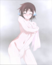 Rule 34 | 1girl, absurdres, blush, breasts, brown hair, closed eyes, closed mouth, covering privates, covering breasts, covering crotch, embarrassed, highres, large breasts, lynn mei, navel, nude, plunderer, showering, steam, stitched, stomach, third-party edit, towel, white towel