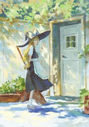 Rule 34 | 1girl, apron, black hat, black skirt, black vest, blonde hair, bow, braid, broom, building, closed mouth, commentary, door, fjsmu, full body, hat, hat bow, highres, holding, holding broom, kirisame marisa, long hair, mary janes, outdoors, plant, potted plant, shirt, shoes, short sleeves, single braid, skirt, socks, solo, touhou, vest, white apron, white bow, white shirt, white socks, witch hat, yellow eyes