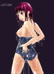 Rule 34 | 1girl, ass, breasts, clothes pull, inoue makito, long hair, looking back, lotion, nipples, one-piece swimsuit, one-piece swimsuit pull, open mouth, pink eyes, purple hair, school swimsuit, shiny skin, solo, swimsuit, topless, wet