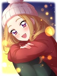 Rule 34 | 1girl, :d, aikatsu!, aikatsu! (series), beanie, black pantyhose, blonde hair, blush, commentary request, crossed arms, from side, hat, highres, jacket, lens flare, lens flare abuse, light particles, long hair, mole, mole under eye, natsuki mikuru, open mouth, pantyhose, purple eyes, red jacket, sekina, smile, solo, squatting
