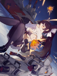 Rule 34 | 1girl, arms up, azur lane, black bra, black footwear, black pantyhose, blue sky, blush, bow, bra, breasts, broken, burnt clothes, commentary request, convenient leg, day, dutch angle, explosion, front-hook bra, gloves, hair bow, helic (7317helic), high ponytail, highres, large breasts, loafers, long hair, long sleeves, looking at viewer, machinery, miniskirt, ocean, one eye closed, outdoors, pantyhose, parted lips, pleated skirt, ponytail, shirt, shoes, sideboob, skirt, sky, solo, takao (azur lane), thighband pantyhose, torn clothes, torn pantyhose, torn shirt, torn skirt, torpedo, underwear, very long hair, water, white bow, white gloves, white shirt, white skirt, yellow eyes