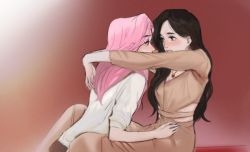 Rule 34 | 2girls, animification, arms around neck, black hair, blush, breasts, brown jumpsuit, chaeyoung (twice), cleavage, commentary, english commentary, hair behind ear, hand on another&#039;s hip, jewelry, jumpsuit, k-pop, leaning forward, long hair, looking at another, medium breasts, mina (twice), multiple girls, necklace, pink hair, pt a (mhpnnnn), real life, red background, shirt, sitting, twice (group), very long hair, waist cutout, white shirt, yuri