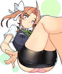 Rule 34 | 1girl, ahoge, ass, bike shorts, black shorts, black vest, blush, bow, breasts, brown eyes, brown hair, clothes pull, commentary request, forehead, green ribbon, hair bow, head tilt, kagerou (kancolle), kagerou kai ni (kancolle), kantai collection, knees up, long hair, looking at viewer, neck ribbon, panties, pink panties, pulling own clothes, ribbon, shirt, short shorts, short sleeves, shorts, shorts pull, sidelocks, simple background, small breasts, solo, taketora suzume, thighs, twintails, underwear, vest, white background, white bow, white shirt