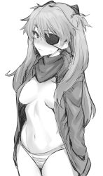 Rule 34 | 1girl, bare legs, blush, breasts, curvy, evangelion: 3.0+1.0 thrice upon a time, eyepatch, hair ornament, hairclip, hand in pocket, highres, hood, hood down, hotate-chan, interface headset, jacket, long hair, looking at viewer, medium breasts, monochrome, neon genesis evangelion, no bra, panties, rebuild of evangelion, sash, simple background, solo, souryuu asuka langley, standing, striped clothes, striped panties, sweat, tsundere, underwear, very long hair, white background, wide hips