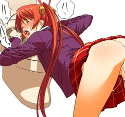 Rule 34 | 1girl, a1 (initial-g), ass, bathroom, bent over, blush, closed eyes, clothed sex, clothes lift, cum, cum in pussy, hair ornament, highres, kagurazaka asuna, legs, long hair, mahou sensei negima!, no panties, open mouth, plaid, plaid skirt, red hair, saliva, school uniform, sex, simple background, skirt, skirt lift, sweat, text focus, thighs, toilet, twintails, uncensored, vaginal, white background