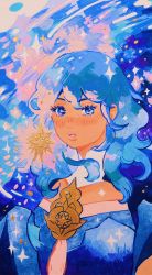 Rule 34 | 1girl, blue eyes, blue hair, blush, highres, long hair, looking at viewer, meyoco, original, parted lips, solo, sparkle, traditional media, upper body