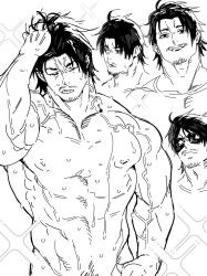 Rule 34 | 1boy, bara, come hither, completely nude, expressions, facial hair, from side, glasses dilf (mabataki), goatee stubble, greyscale, groin, hand in own hair, highres, large pectorals, looking at viewer, mabataki, male focus, mature male, monochrome, multiple views, muscular, muscular male, mustache stubble, nude, original, out-of-frame censoring, pectorals, seductive smile, short hair, smile, smug, sparkle background, stubble, sunglasses, thick eyebrows, veins, veiny arms, wet, wet hair