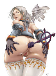 Rule 34 | 1girl, angel, angel wings, armor, bare hips, bare shoulders, bottomless, butt plug, female pubic hair, from behind, from below, gloves, grey eyes, hands on ass, heroes of might and magic, heroes of might and magic v, lipstick, looking at viewer, makeup, might and magic, no panties, pubic hair, pussy, rennes, sex toy, short hair, solo, thighhighs, vambraces, white hair, white thighhighs, wings