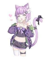 Rule 34 | 1girl, :d, absurdres, animal ear fluff, animal ears, black camisole, black shorts, bow, camisole, cat ears, cat girl, cat tail, colored inner hair, crop top, ellu, green eyes, green hair, heart, heart hands, highres, indie virtual youtuber, jacket, multicolored hair, navel, off shoulder, open clothes, open jacket, open mouth, purple eyes, purple jacket, short hair, short shorts, shorts, shwaa, single thighhigh, smile, strap slip, tail, tail bow, tail ornament, thigh strap, thighhighs, two-tone hair, virtual youtuber, white thighhighs
