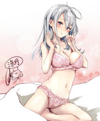Rule 34 | 1girl, blue eyes, blush, bra, bra tug, breasts, hair between eyes, kantai collection, long hair, looking at viewer, medium breasts, navel, one side up, panties, parted lips, pink bra, pink panties, rizzl, sidelocks, signature, silver hair, smile, solo, stomach, suzutsuki (kancolle), twitter username, underwear, underwear only