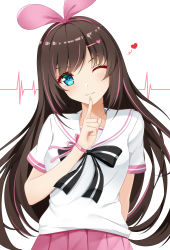 Rule 34 | 1girl, absurdres, arm behind back, black bow, blue eyes, blush, bow, breasts, brown hair, finger to mouth, fingernails, hair between eyes, hair ornament, hairband, heart, highres, kizuna ai, kizuna ai inc., long hair, looking at viewer, medium breasts, one eye closed, pleated skirt, red skirt, rko (a470350510), sailor collar, school uniform, serafuku, shirt, short sleeves, simple background, skirt, smile, solo, striped, striped bow, upper body, virtual youtuber, white background, white shirt