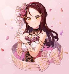Rule 34 | 1girl, absurdres, alternate hairstyle, artist name, artist request, bare shoulders, black detached collar, black detached sleeves, blossom prelude (love live!), blush, bow, bracelet, breasts, brown bow, brown eyes, brown hair, cleavage, collarbone, corset, cross-laced clothes, cross-laced dress, curly hair, detached collar, dress, female focus, fingers together, flower, frilled dress, frilled gloves, frills, gloves, hair between eyes, hair flower, hair ornament, hairclip, half updo, highres, index fingers together, jewelry, long hair, looking at viewer, love live!, love live! school idol festival, love live! school idol festival all stars, love live! sunshine!!, medium breasts, musical note, musical note earrings, necklace, orange eyes, orange petals, own hands together, parted lips, pearl bracelet, pearl necklace, pink background, pink dress, pink flower, pink petals, plaid, plaid dress, pleated, pleated dress, polka dot, polka dot dress, red flower, red hair, red petals, sakurauchi riko, sleeveless, sleeveless dress, smile, solo, star (symbol), star hair ornament, striped bow, striped clothes, striped gloves, upper body, vertical-striped clothes, vertical-striped gloves, white bow, white gloves, yellow eyes, yellow petals
