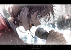 Rule 34 | 1girl, blue eyes, blurry, blurry background, brown hair, commentary, copyright name, girls band cry, holding, holding microphone, hood, hood down, hooded jacket, iseri nina, jacket, letterboxed, microphone, music, niarss, open mouth, rain, red jacket, short hair, short twintails, singing, solo, symbol-only commentary, tearing up, teeth, twintails, twitter username, upper body, wet
