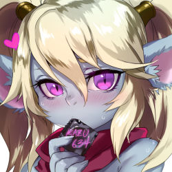 Rule 34 | 1girl, animal ear fluff, blue skin, blush, colored skin, commentary request, condom, condom in mouth, condom wrapper, fang, heart, league of legends, long hair, looking at viewer, mouth hold, non (nonzile), pointy ears, poppy (league of legends), portrait, purple eyes, red scarf, scarf, solo, swept bangs, twintails, yordle