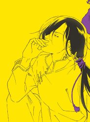 Rule 34 | 1boy, adam&#039;s apple, androgynous, banana fish, black eyes, black hair, cleaned, eyebrows, eyelashes, hair ornament, hair ribbon, hand on own face, highres, lee yut-lung, long bangs, long hair, long sleeves, looking at viewer, neck tattoo, official art, one eye covered, ponytail, profile, purple ribbon, ribbon, shirt, sleeves past elbows, smile, solo, tattoo, yellow background