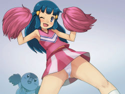 Rule 34 | 1girl, ;d, armpits, bad id, bad twitter id, bare arms, blue eyes, blue hair, blush, cheerleader, collarbone, creatures (company), dawn (pokemon), from below, game freak, gen 4 pokemon, grey background, hair ornament, hairclip, hands up, holding, holding pom poms, knees, looking at viewer, navel, nintendo, one eye closed, open mouth, panties, pink shirt, pink skirt, piplup, pokemon, pokemon (anime), pokemon (creature), pokemon dppt (anime), pom pom (cheerleading), pom poms, shirt, sidelocks, skirt, sleeveless, sleeveless shirt, smile, socks, spread legs, stupa13a, tongue, underwear, upskirt, white legwear, white panties