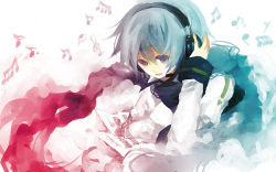Rule 34 | 1boy, acht, bad id, bad pixiv id, blue eyes, blue hair, coat, hairband, headphones, kaito (vocaloid), long sleeves, male focus, matching hair/eyes, musical note, sabutarou, shatter, sheet music, simple background, solo, upper body, vocaloid, white background