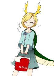 Rule 34 | 1girl, absurdres, antlers, blonde hair, blue bow, blue shirt, blush, bow, bucket, closed eyes, closed mouth, collarbone, commentary request, dragon tail, green skirt, highres, horns, kaisenpurin, kicchou yachie, long sleeves, shirt, short hair, skirt, solo, standing, tail, touhou, translation request, turtle shell, wide sleeves