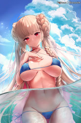 Rule 34 | 1girl, artist name, azur lane, bad id, bad pixiv id, bare arms, bare shoulders, bikini, blue bikini, blue sky, blush, braid, breasts, breasts apart, cameltoe, choker, cleavage, closed mouth, cloud, cloudy sky, collarbone, commentary, covered erect nipples, cowboy shot, criss-cross halter, day, double bun, english commentary, formidable (azur lane), formidable (the lady of the beach) (azur lane), gluteal fold, hair bun, halterneck, hand on own chest, has bad revision, has downscaled revision, large breasts, long hair, looking at viewer, lowleg, lowleg bikini, md5 mismatch, navel, ocean, outdoors, pairleaf, partially submerged, partially underwater shot, patreon username, red eyes, resolution mismatch, revision, side-tie bikini bottom, sidelocks, signature, single braid, sky, solo, source smaller, stomach, string bikini, sunlight, swimsuit, thigh gap, underwater, very long hair