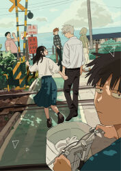 Rule 34 | 2girls, 4boys, bicycle, black footwear, black hair, black pants, blue skirt, blue sky, bush, closed eyes, closed mouth, cloud, commentary request, constricted pupils, day, fat, fat man, from behind, full body, grey hair, hand up, hands in pockets, highres, holding hands, house, long hair, long skirt, long sleeves, looking at viewer, looking back, looking down, looking up, multiple boys, multiple girls, ocean, open mouth, original, outdoors, pants, pleated skirt, railroad crossing, railroad signal, railroad tracks, school uniform, shirt, shirt tucked in, shoes, short hair, skirt, sky, sleeves rolled up, smile, standing, tadano natsu, utility pole, white pants, white shirt